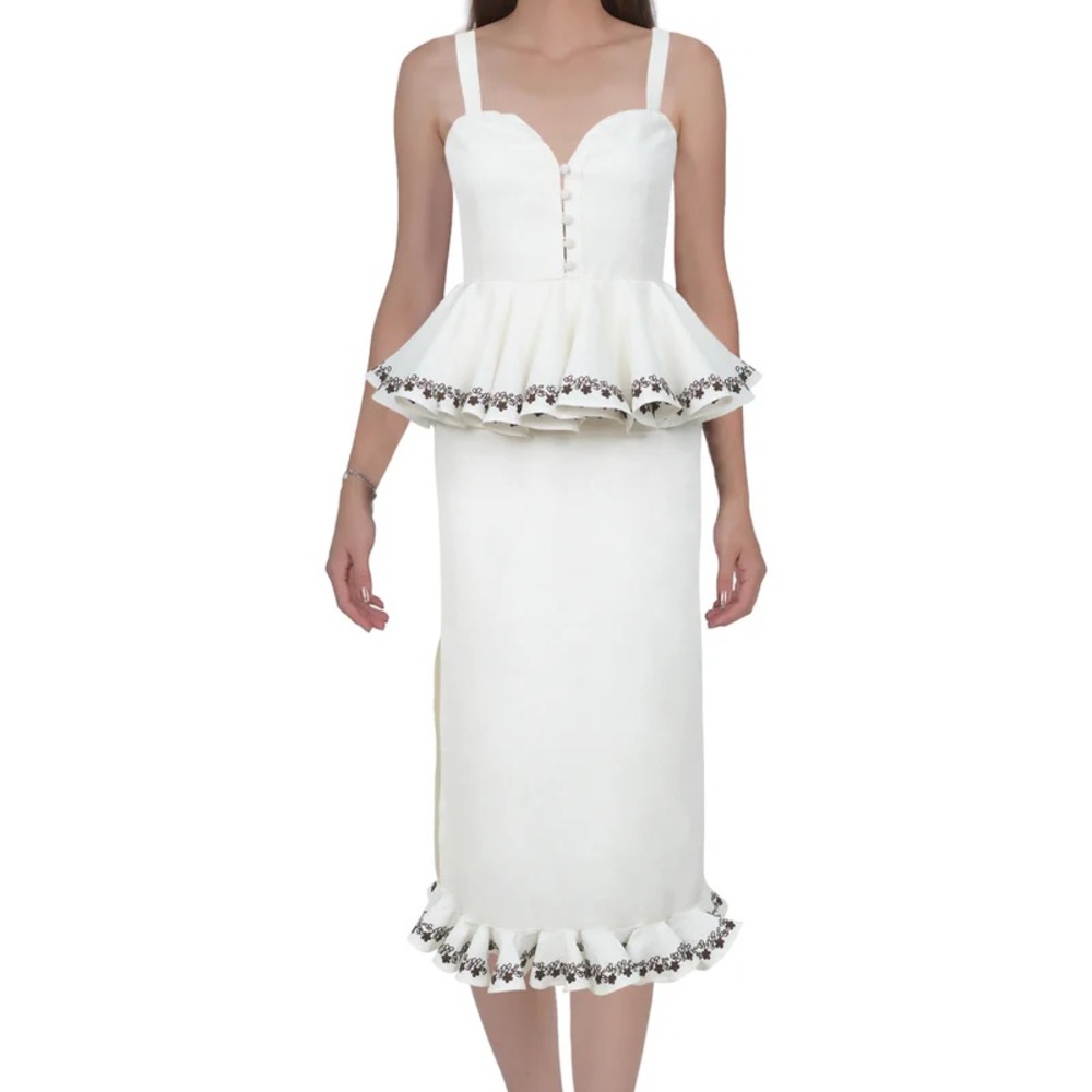 Fanm Mon White Midi Dress with Floral Accents